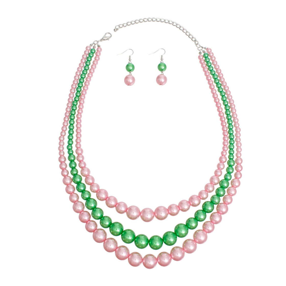 Pink & Green 3-Strand Pearl Necklace Set with Earrings - AKA Sorority Inspired Jewelry