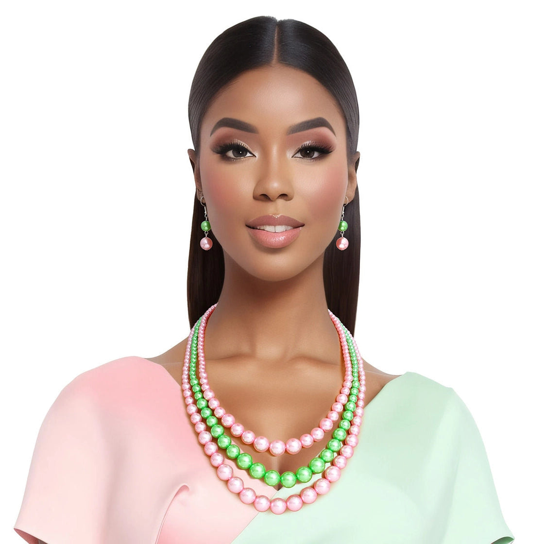 Pink & Green 3-Strand Pearl Necklace Set with Earrings - AKA Sorority Inspired Jewelry