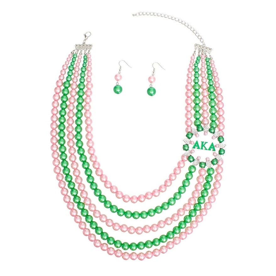 Elegance Redefined: Pink Green Pearl AKA Set - A Stunning Alpha Kappa Alpha Necklace and Earrings Ensemble