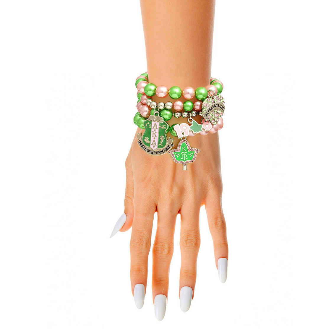 Sorority Inspired Pink & Green Pearl Stretch Bracelet Set with Charms - 4-Piece Jewelry Set