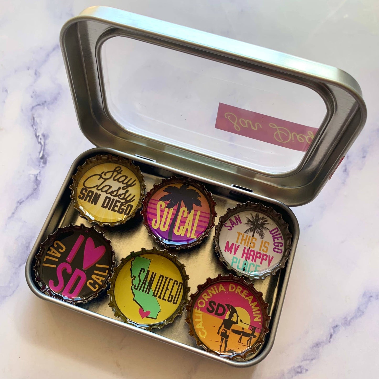 San Diego, California Handmade Magnet Set – Eco-Friendly Upcycled Bottle Cap Magnets (6-Pack)