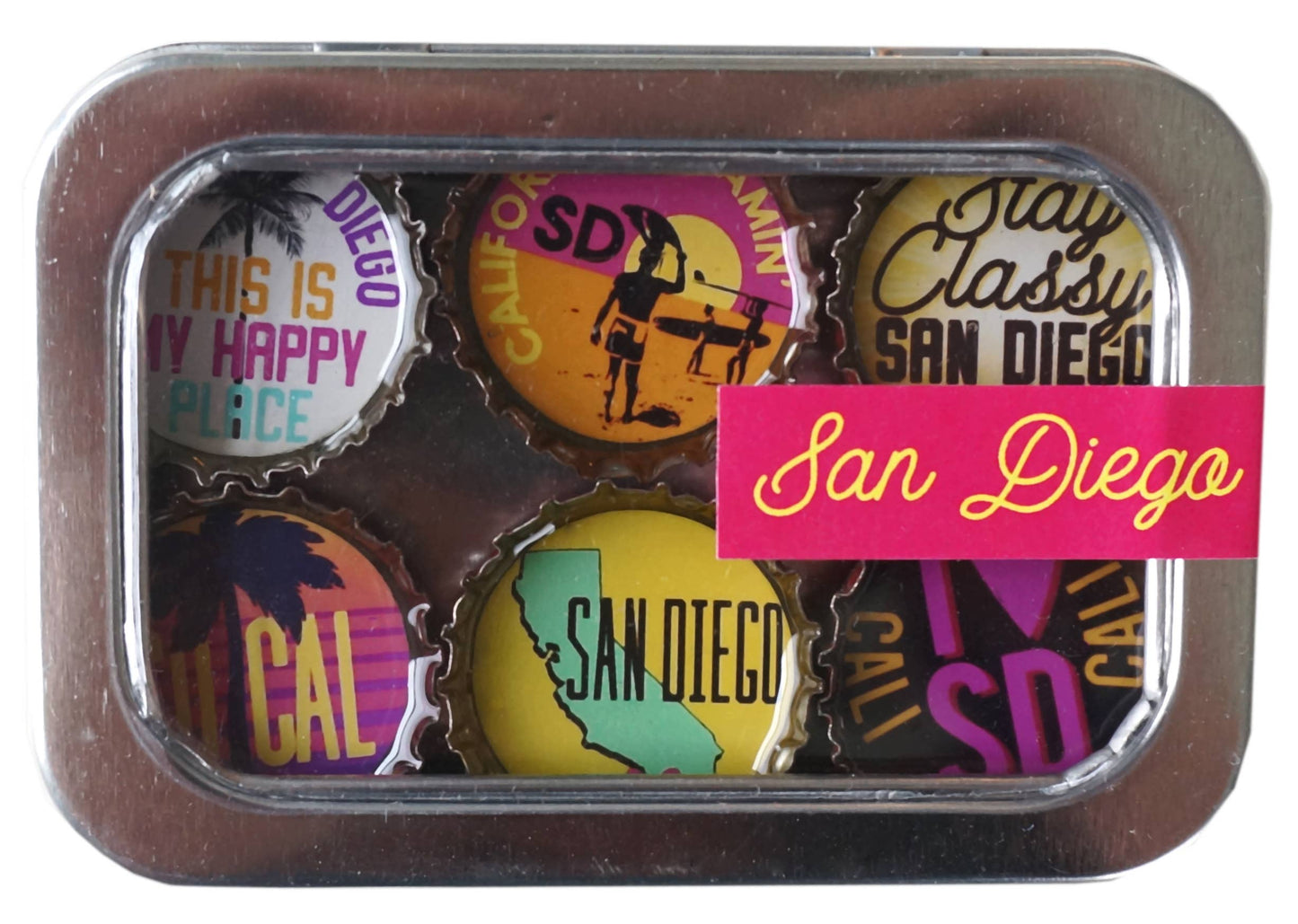 San Diego, California Handmade Magnet Set – Eco-Friendly Upcycled Bottle Cap Magnets (6-Pack)