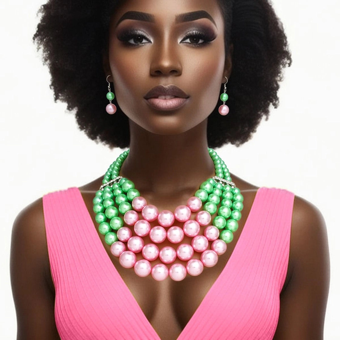 Alpha Kappa Alpha Chunky Pink & Green Pearl Bib Necklace Set with Earrings