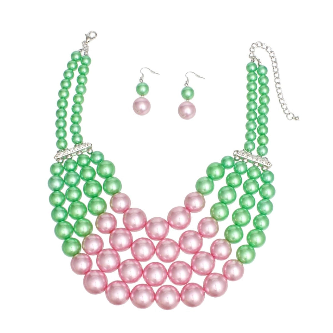 Alpha Kappa Alpha Chunky Pink & Green Pearl Bib Necklace Set with Earrings