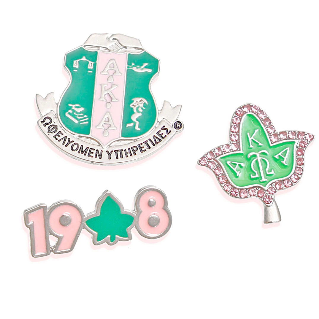 AKA Sorority Pin Set for Women - 3-Piece Alpha Kappa Alpha Brooch Pin Set in Pink & Green