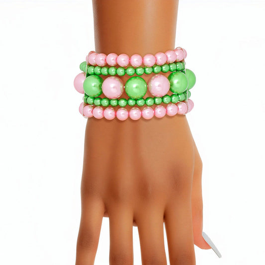 Pink & Green Stacked Pearl Bracelet for Women - AKA Sorority Inspired 4-Strand Stretch Bracelet