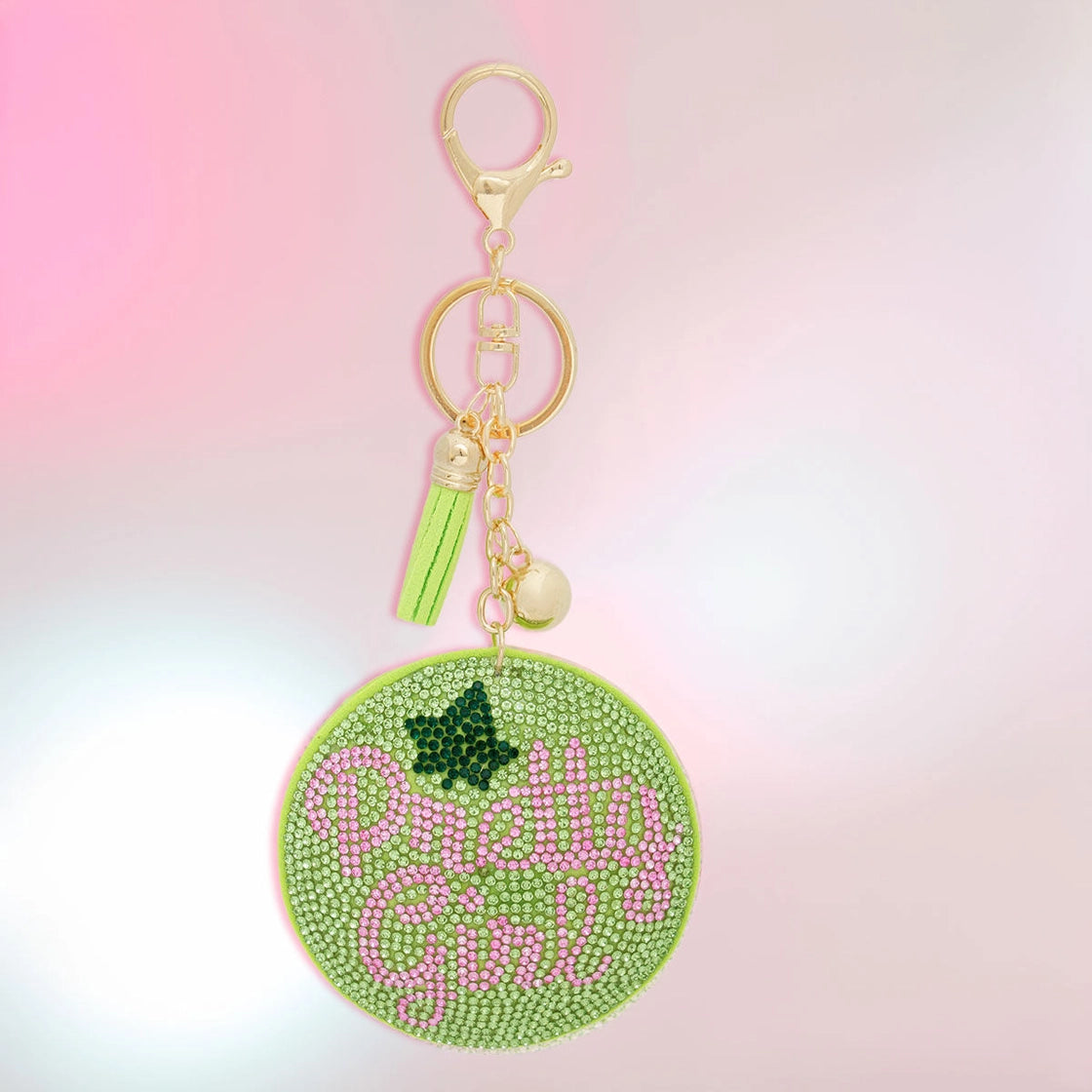 Alpha Kappa Alpha Sorority Green Pretty Girl Padded Keychain with Gold Clip & Tassel