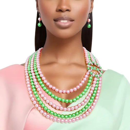 Elegance Redefined: Pink Green Pearl AKA Set - A Stunning Alpha Kappa Alpha Necklace and Earrings Ensemble