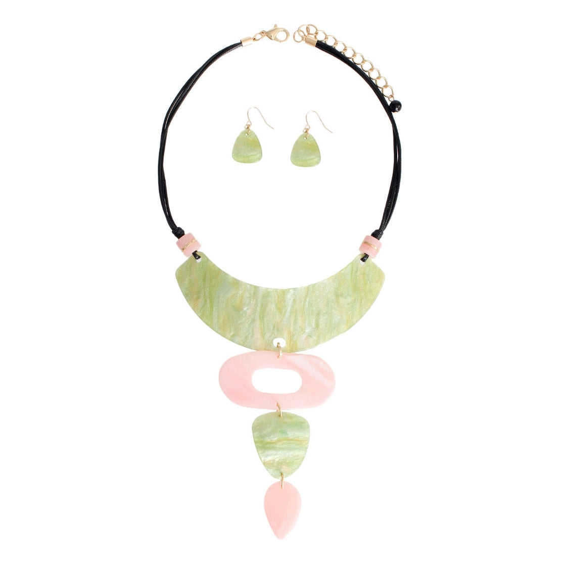 Pink Green Drop Collar Necklace Set - Black Vegan Leather Cord - by PinktownUSA