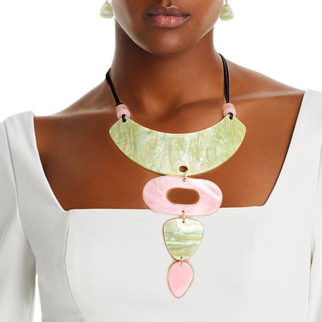 Pink Green Drop Collar Necklace Set - Black Vegan Leather Cord - by PinktownUSA