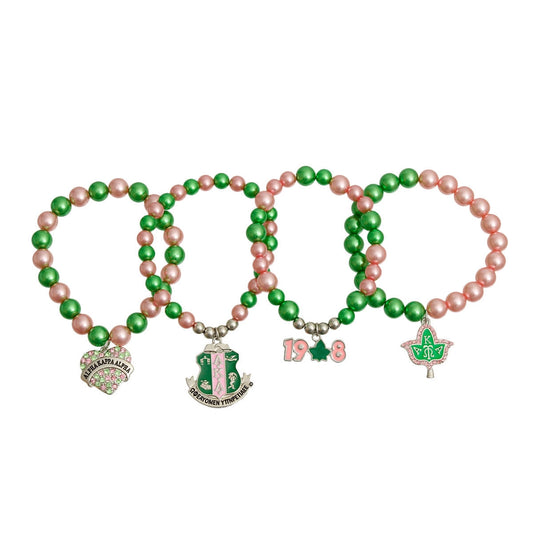 Sorority Inspired Pink & Green Pearl Stretch Bracelet Set with Charms - 4-Piece Jewelry Set