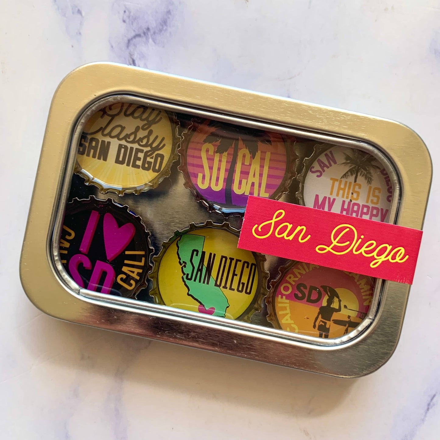 San Diego, California Handmade Magnet Set – Eco-Friendly Upcycled Bottle Cap Magnets (6-Pack)