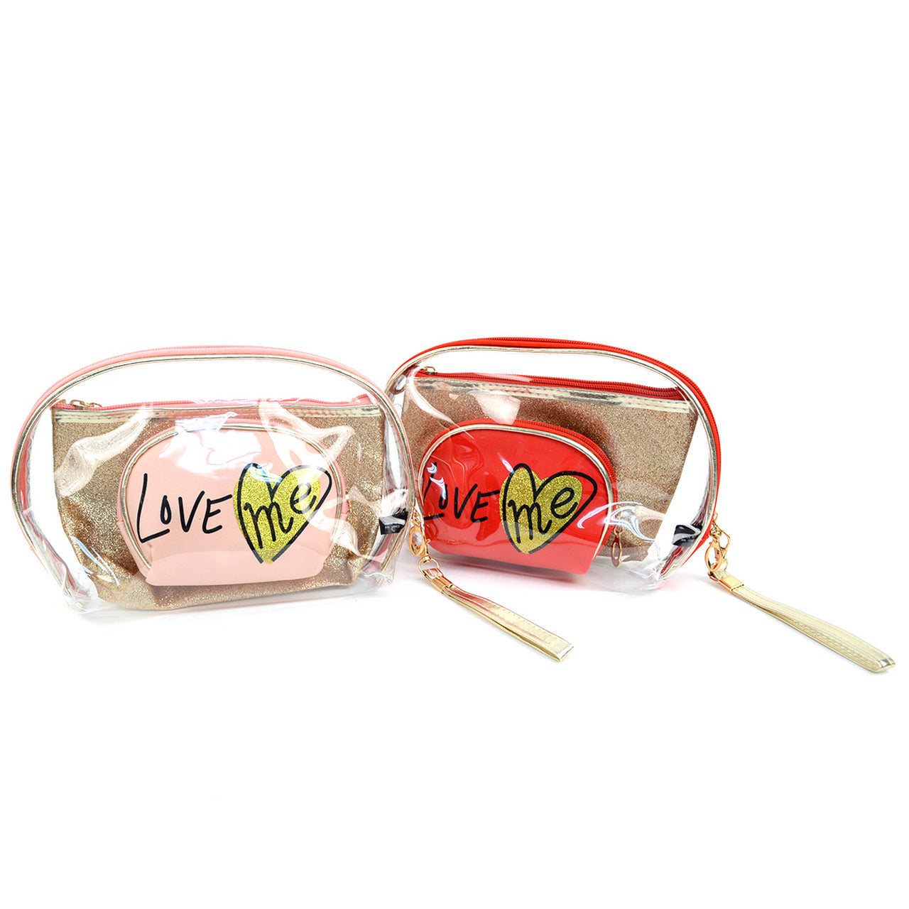 adies Clear & LOVE ME Printed Makeup Bag 3-Piece Set: Your Travel Essential