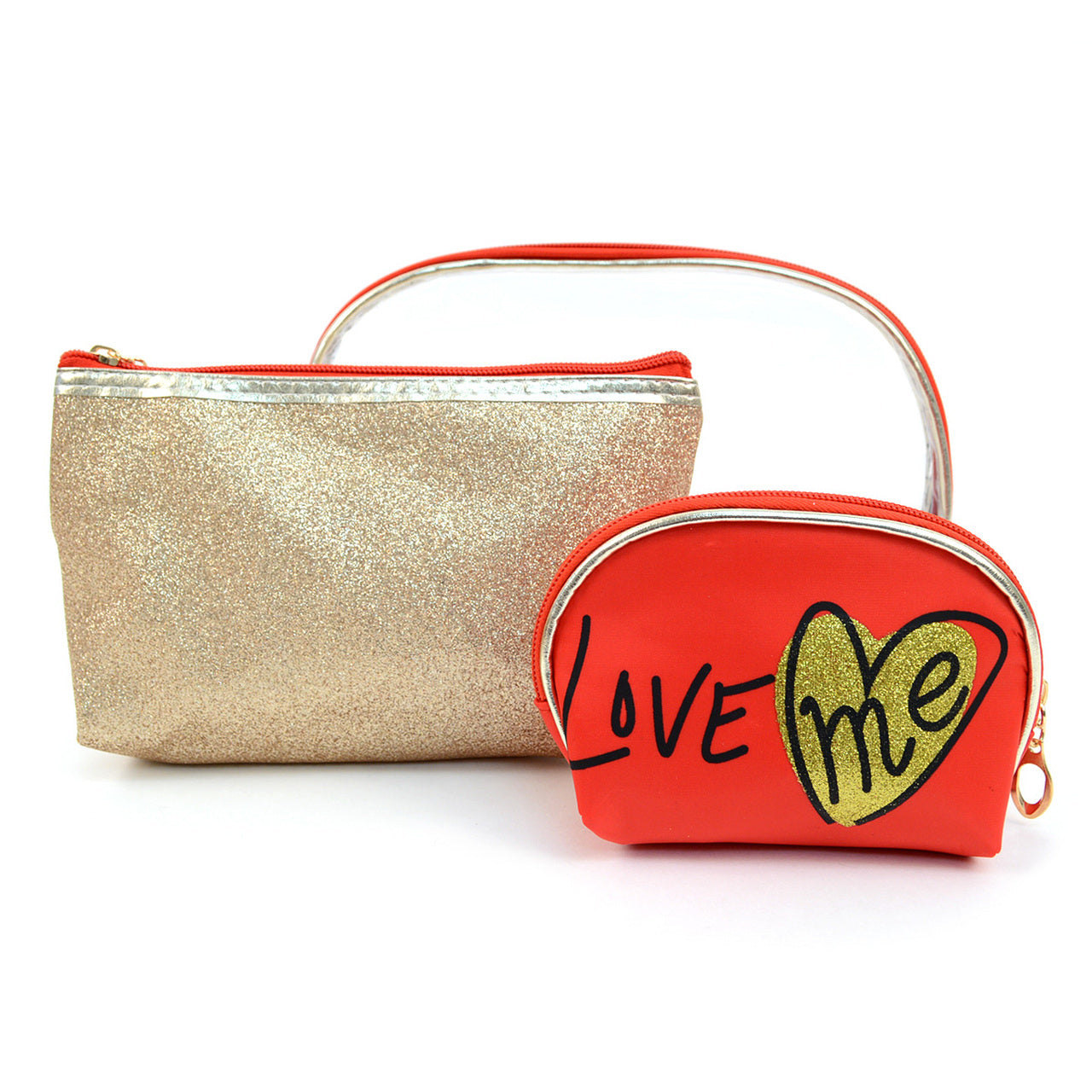 adies Clear & LOVE ME Printed Makeup Bag 3-Piece Set: Your Travel Essential