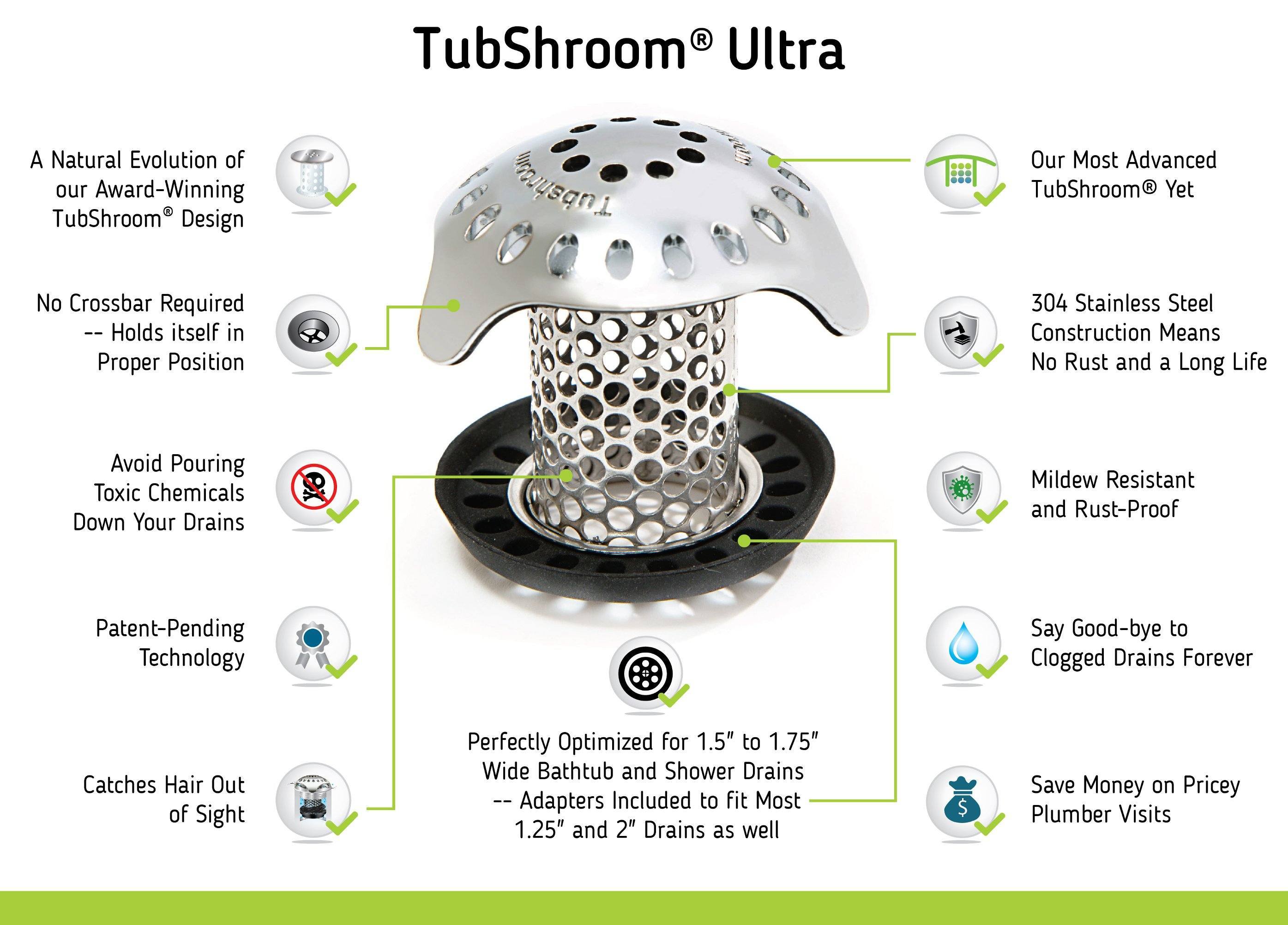 TubShroom Ultra (Stainless) Plus StopShroom® Plug Combo for Tub Drains