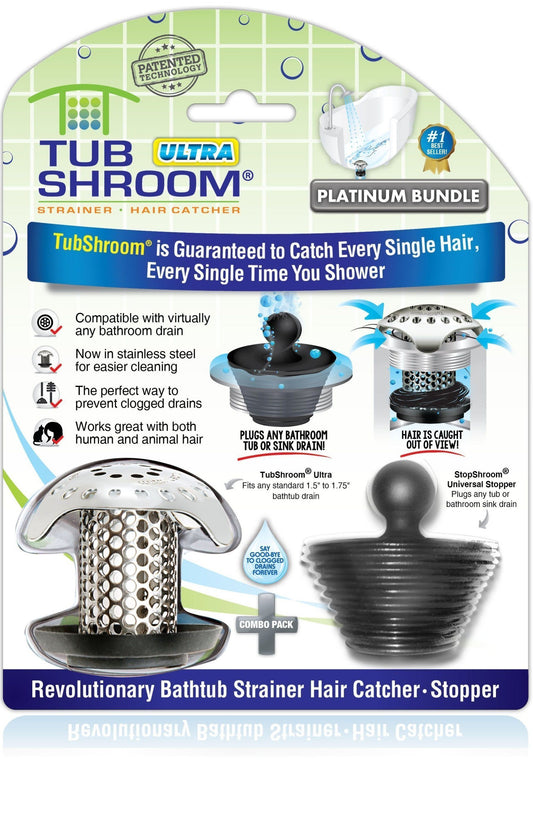 TubShroom Ultra (Stainless) Plus StopShroom® Plug Combo for Tub Drains